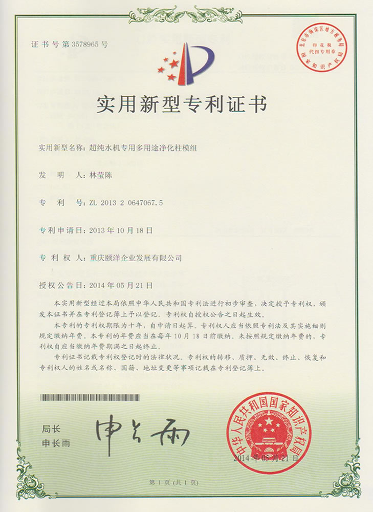 超纯水机专用多用途净化柱模组